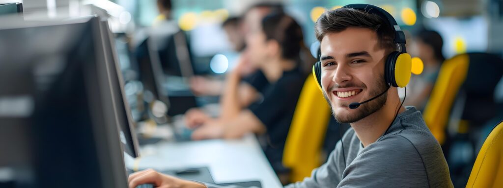 Young Smiling Professional Operates Computer in Busy Corporate Office Environment Stock Free