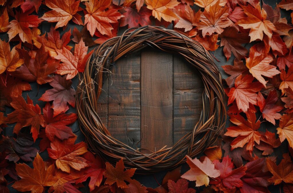 Wooden Plate Surrounded by Autumn Leaves on a Blue Background Stock Free