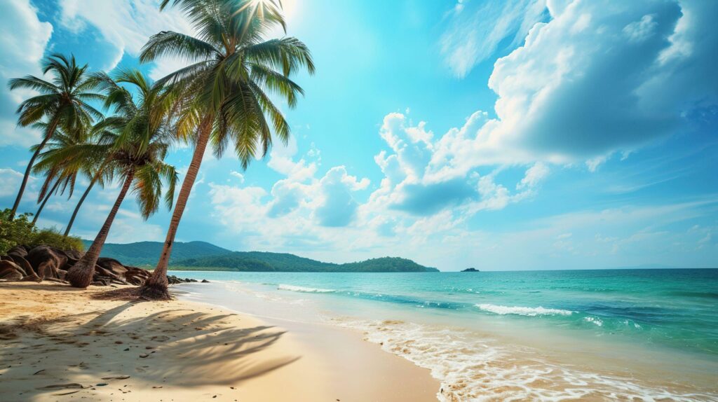 Tropical beach with coconut palms. Seascape. Free Photo