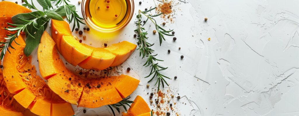 Sliced Butternut Squash With Herbs and Spices on White Background Stock Free