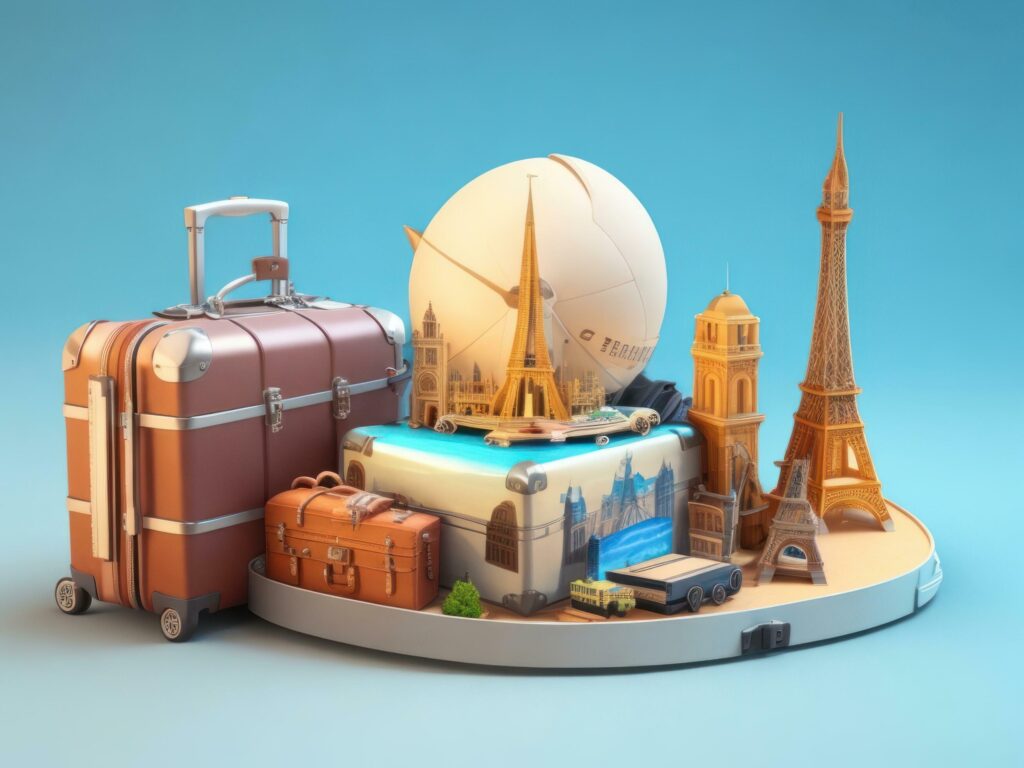 suitcase full of landmarks and travel accessory on 3D Rendering, 3D Illustration. ai generated Stock Free