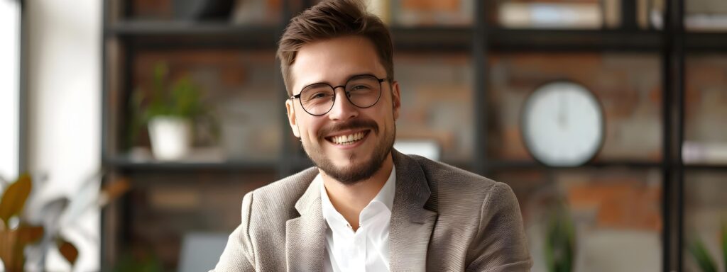 Confident Young Professional Business Manager Smiling Happily in Modern Office Environment Stock Free