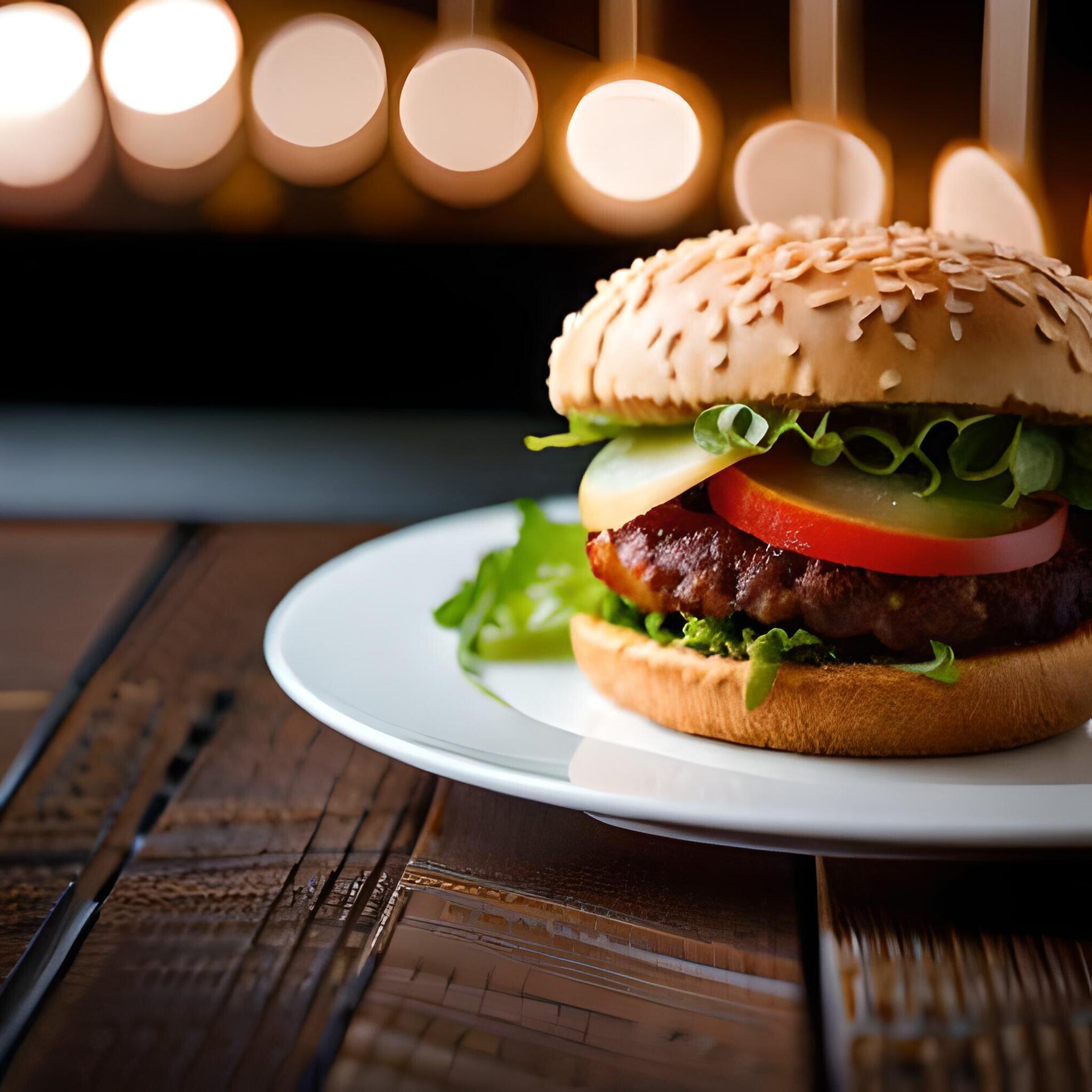 Juicy burger with fries and drink on a table new stock image quality food illustration desktop wallpaper. Stock Free