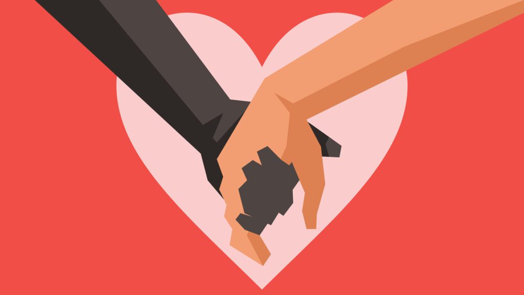 holding hands abstract illustration with heart symbol on the background for valentine’s day Free Vector