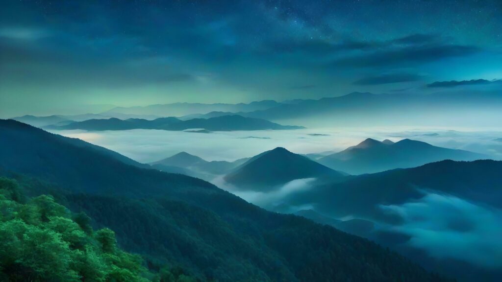 Tranquil sunrise over misty forest in mountain landscape Free Photo