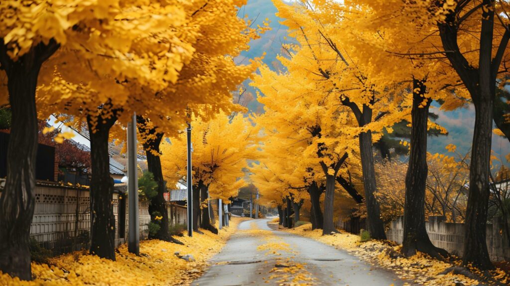 Golden Autumn Canopy on a Serene Street Free Photo