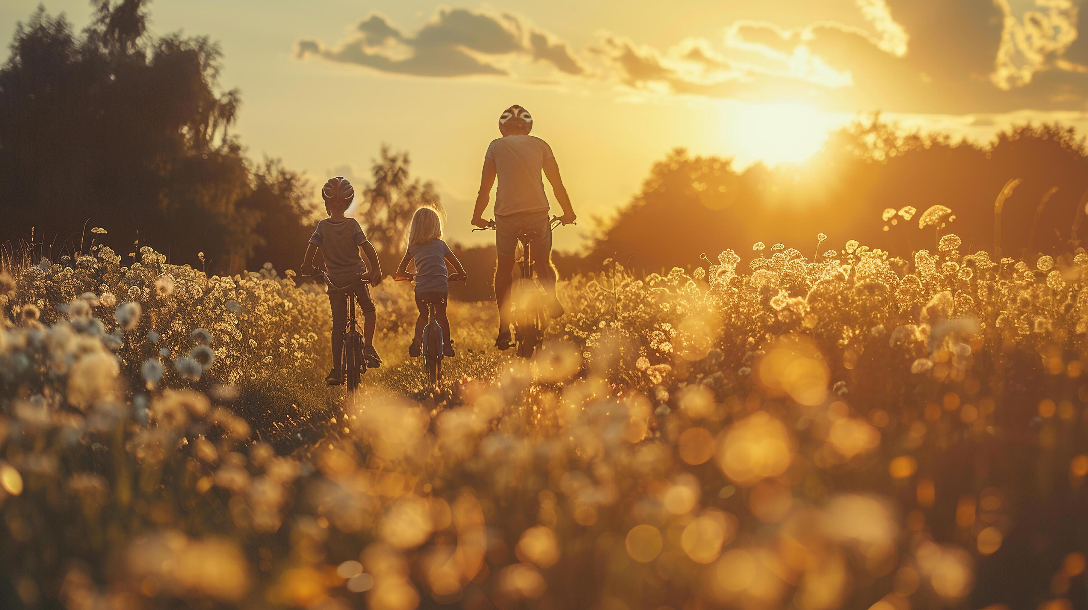 AI generated A happy family enjoying a bike ride together in the countryside Stock Free