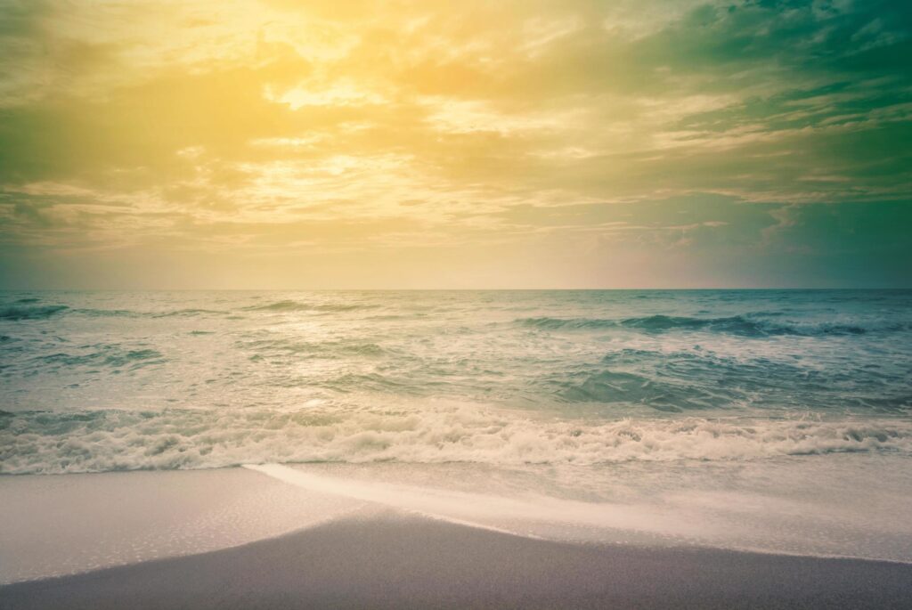 Landscape of tropical beach nature with coconut tree and clouds on horizon in Thailand. Summer relax outdoor concept. – vintage color filter Stock Free