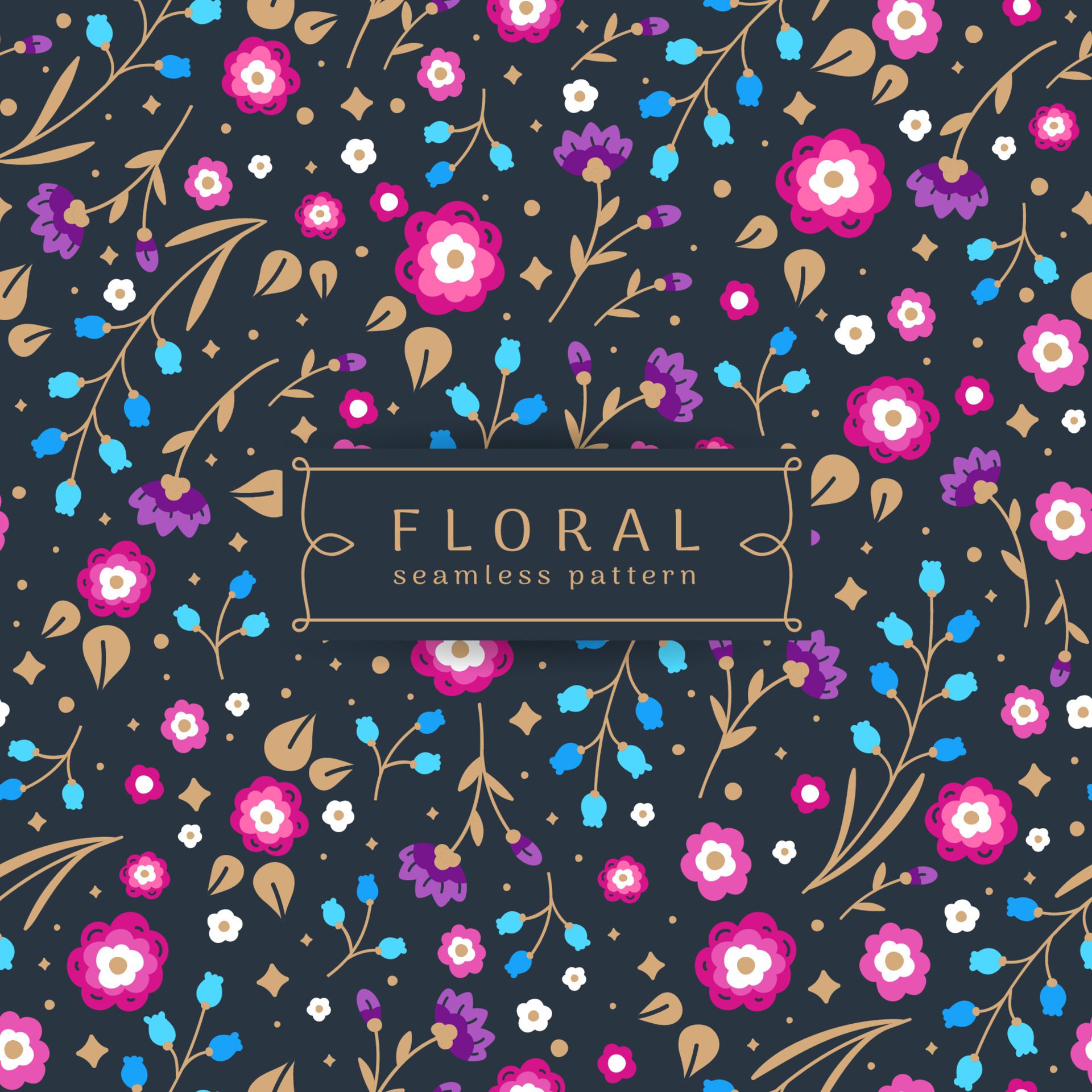 Seamless floral pattern with multicolored flowers and gold leaves Free Vector