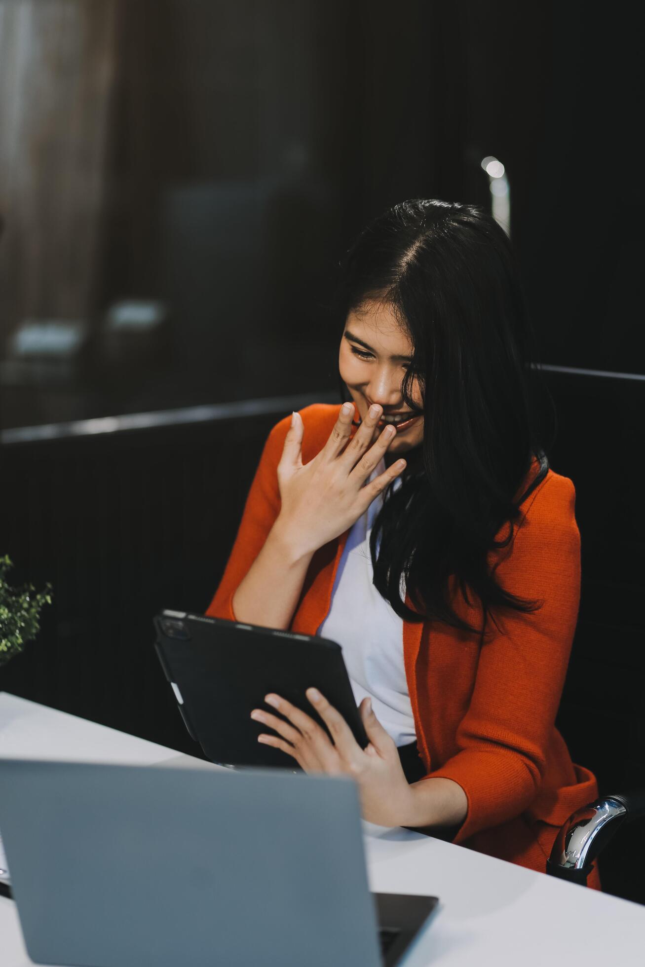 Happy executive sales business woman cheering excited in celebration after good news. achieving goals, success concept Stock Free