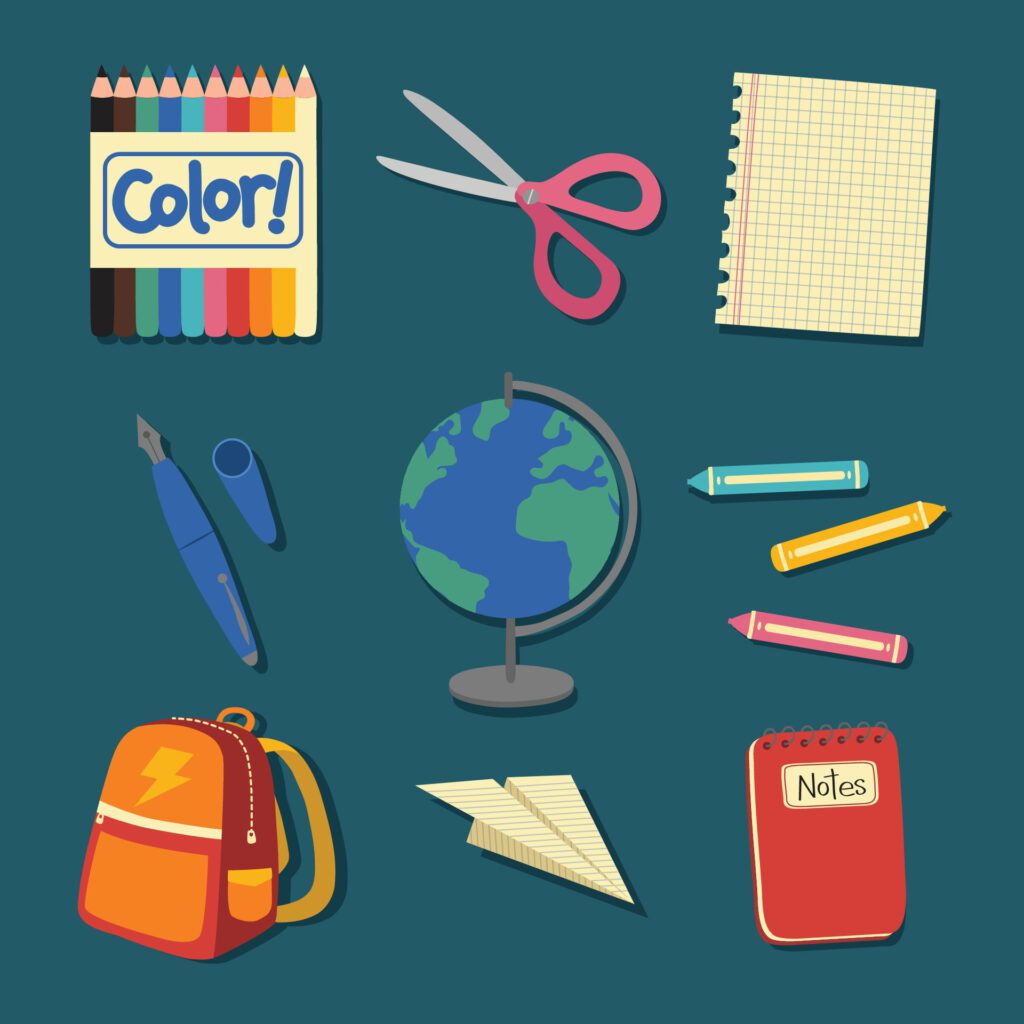 school supplies and stationery items on a blue background Free Vector