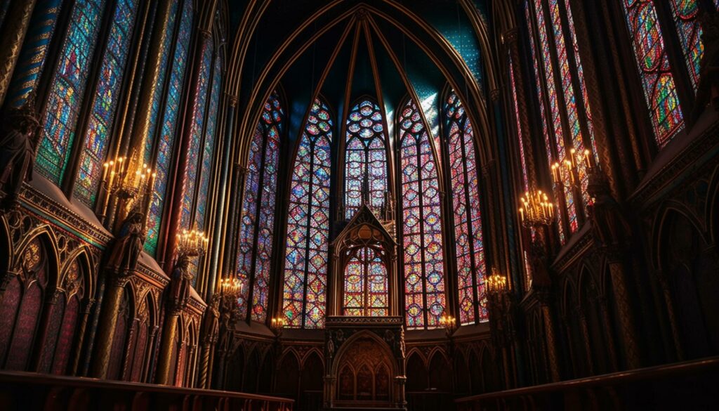 Inside the gothic cathedral, stained glass illuminates the majestic altar generated by AI Stock Free