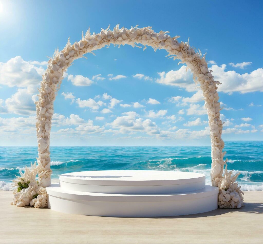 3d render of white podium with sea and blue sky background. Free Photo