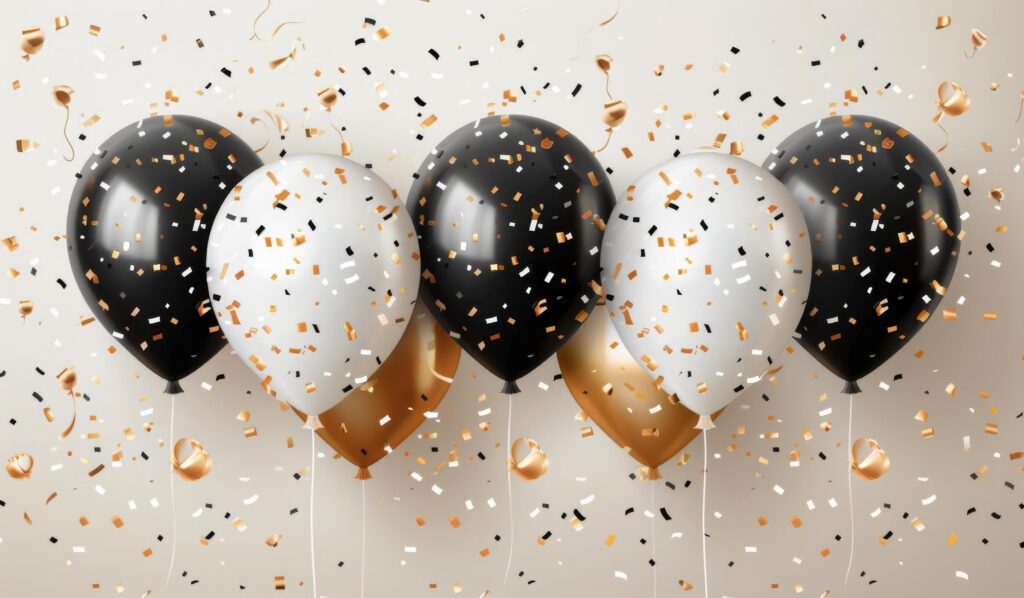 Black, White, and Gold Balloons With Confetti on White Background Stock Free