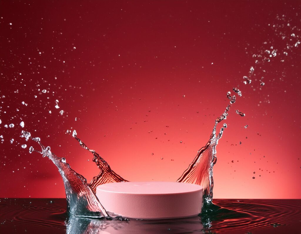 empty pink podium mockup with water splash on a red gradient background for product display Stock Free