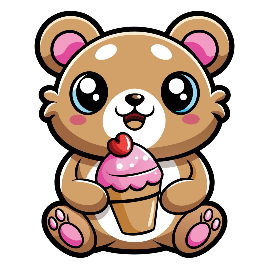 a cute kawaii bear eating ice cream, with clean black outlines, white background Free Vector