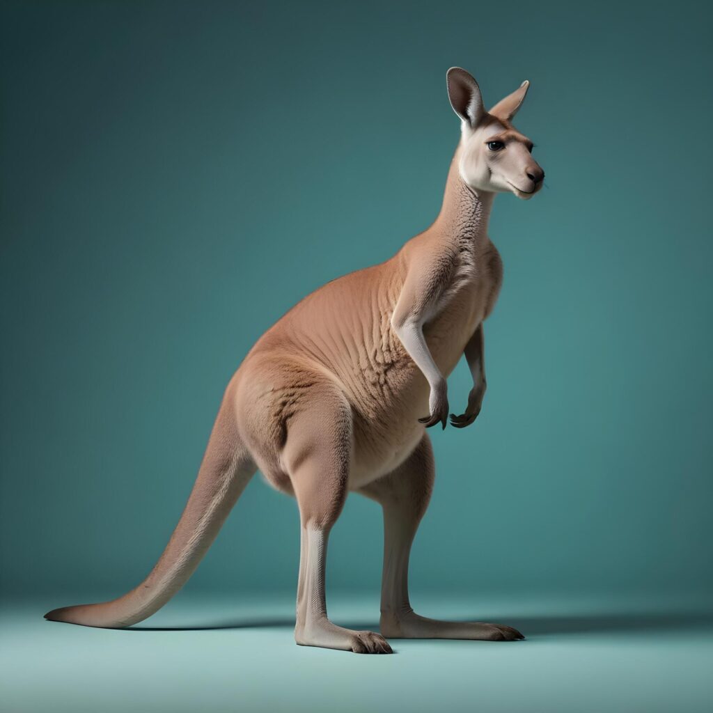 a kangaroo standing on its hind legs in front of a gray background Stock Free