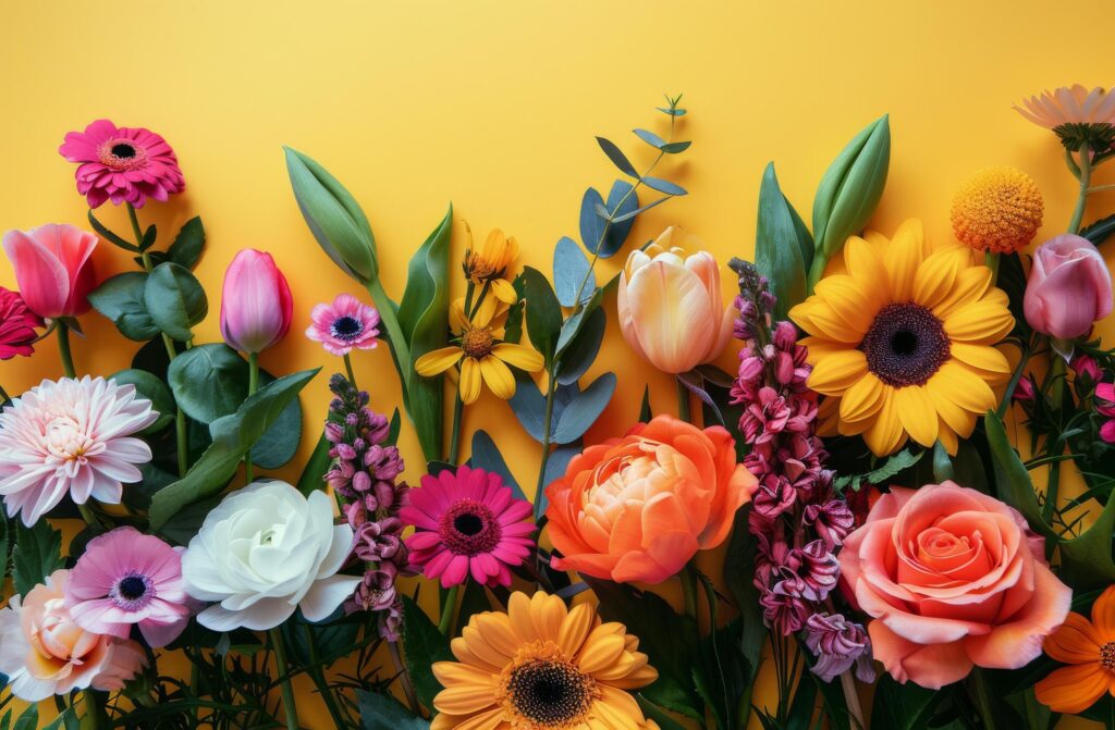 Colorful Spring Flowers Arranged on a Yellow Background Stock Free