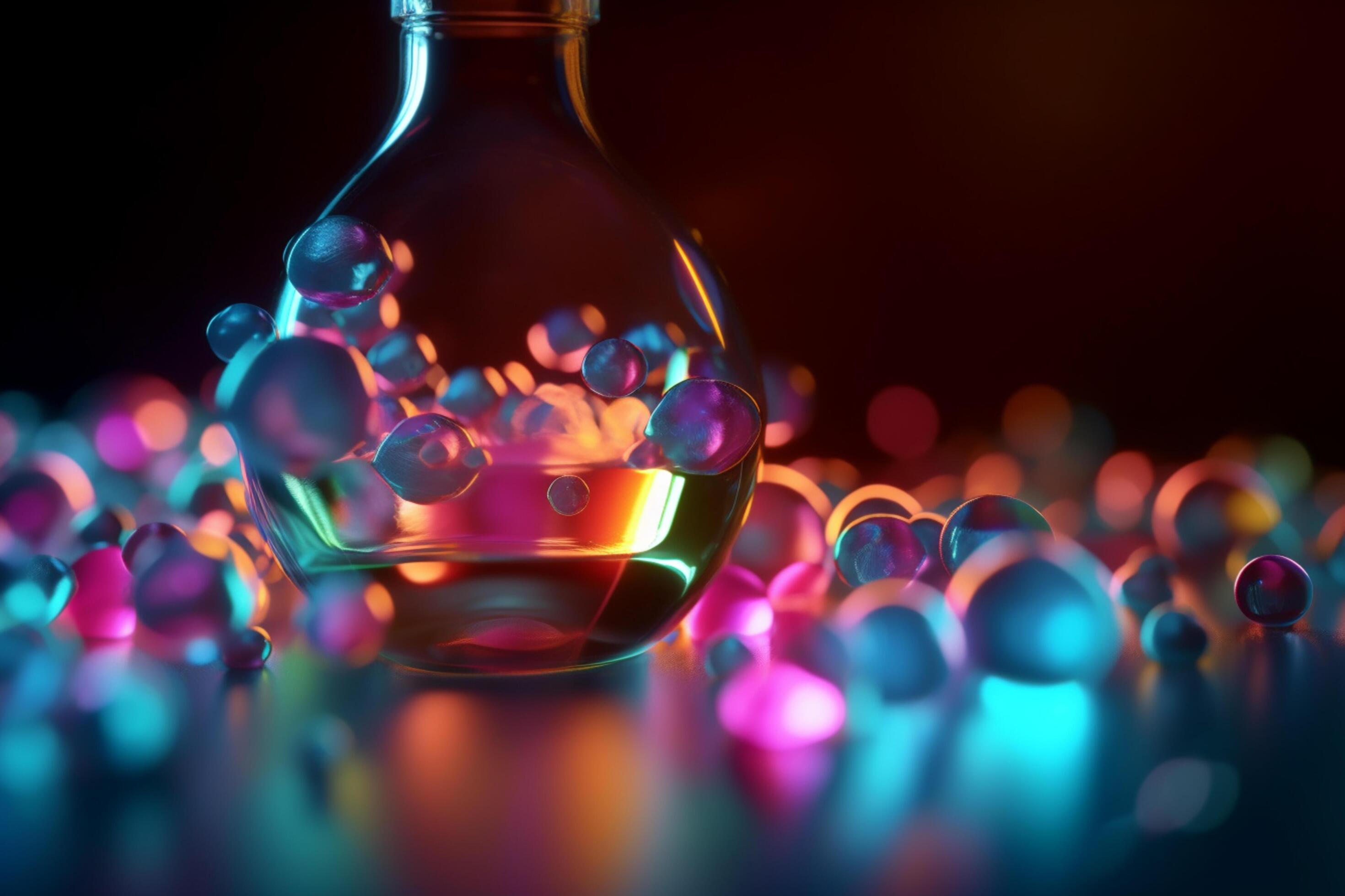 Colorful 3D illustration of the esterification process in a glass flask Stock Free