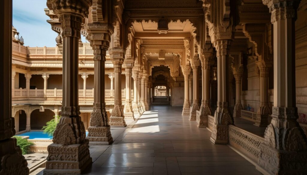 Ancient sandstone arches adorn Hindu temple courtyard generated by AI Stock Free