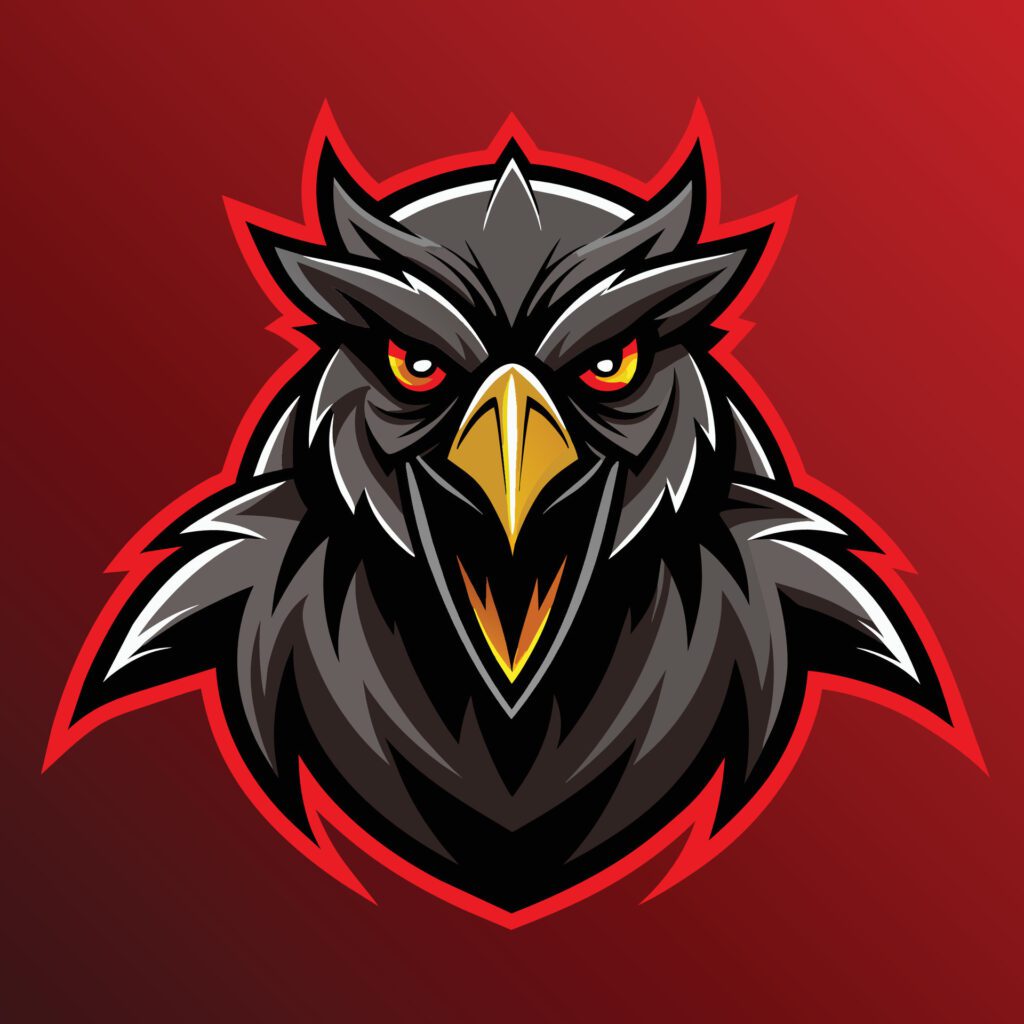 A black eagle with red eyes standing boldly against a vibrant red background, Intimidating Scary Crow Logo Mascot, Striking Free Vector