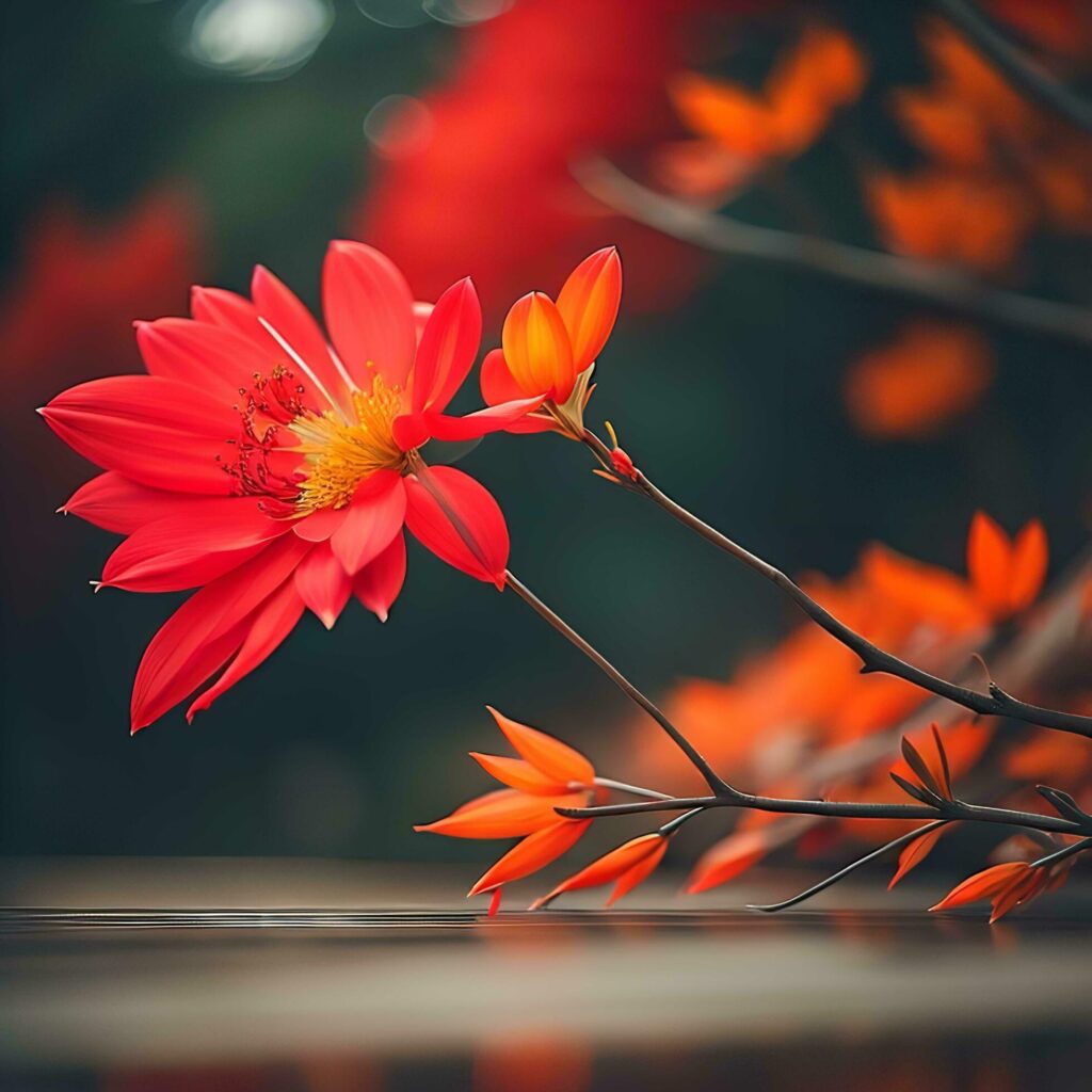 Beautiful red dahlia flowers on the background of autumn leaves. generative ai Stock Free