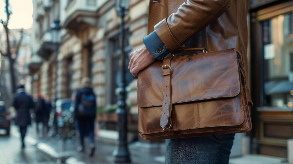 Close-up of a man holding a leather briefcase, walking in an urban setting, symbolizing business and professionalism. Stock Free