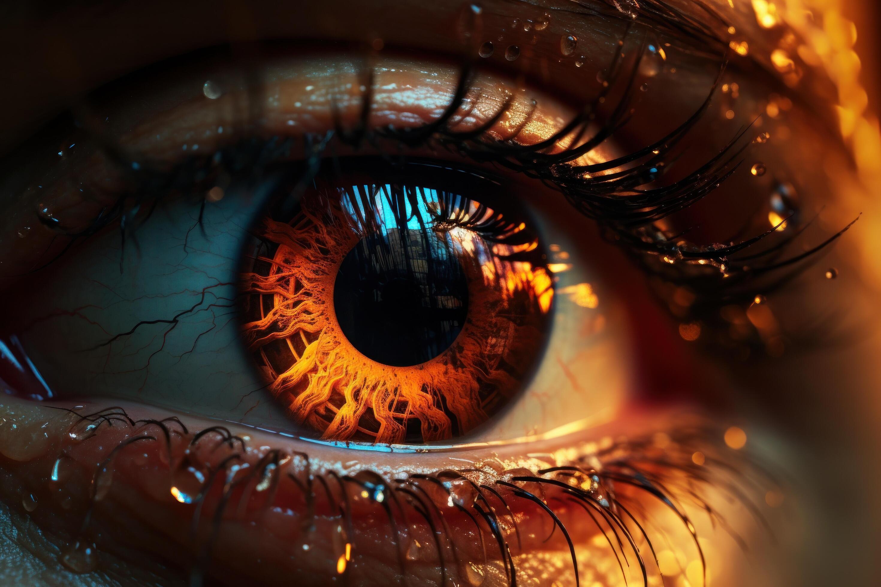 AI generated fire dripping down the eye of a person, uhd image, science fiction influences Stock Free