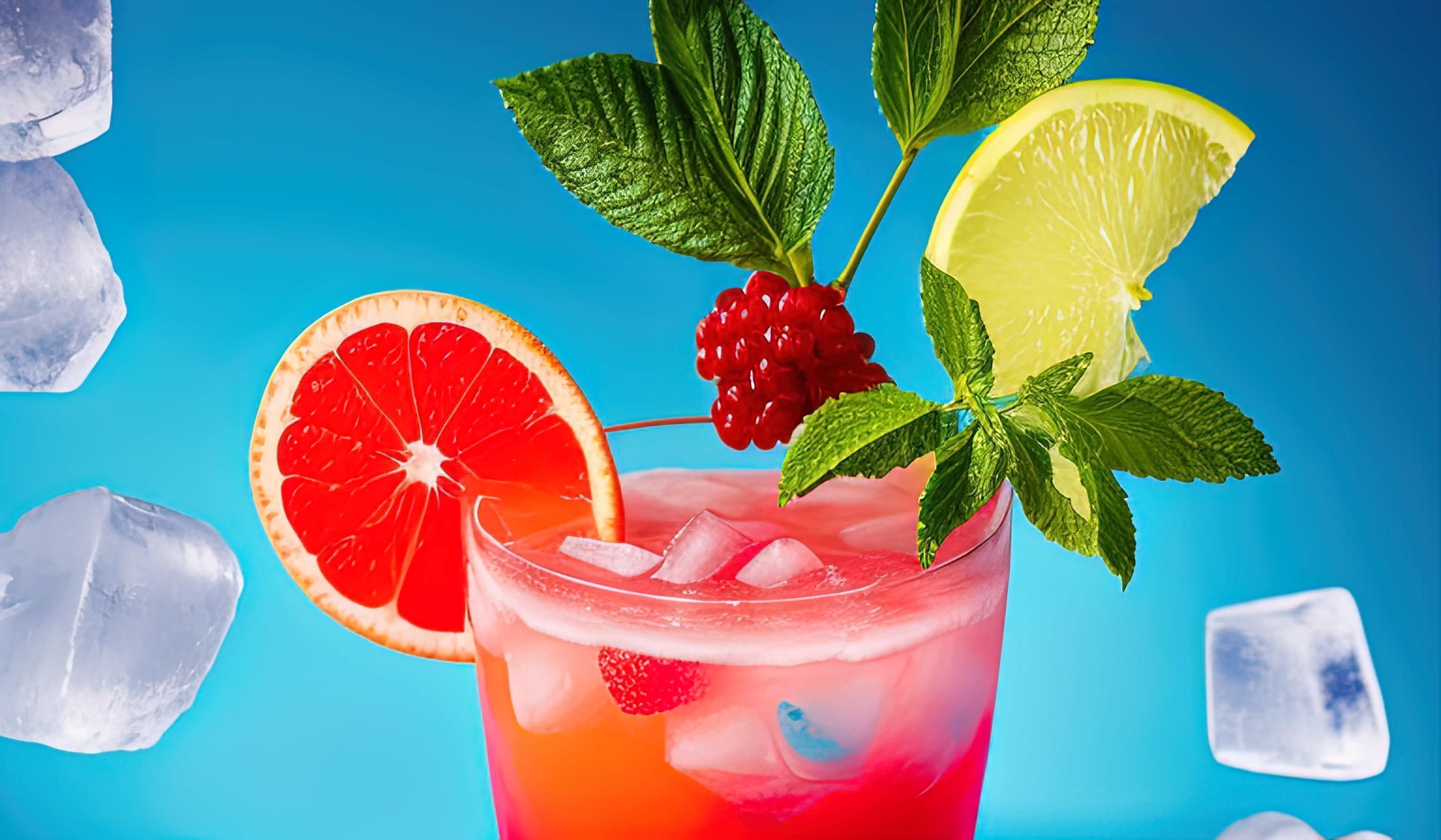 professional food photography closeup of Tropical fruit summer coctail with red grapefruit, berries and ice on blue background Stock Free