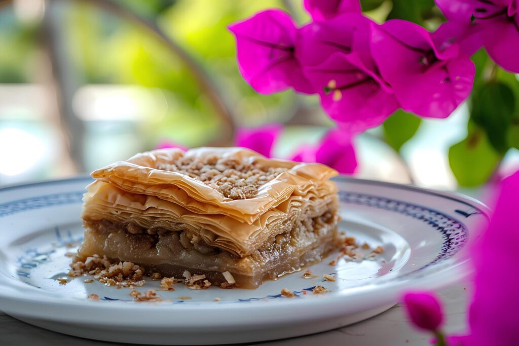 Mediterranean Magic Baklava on a Table Framed by Bougainvillea Free Photo