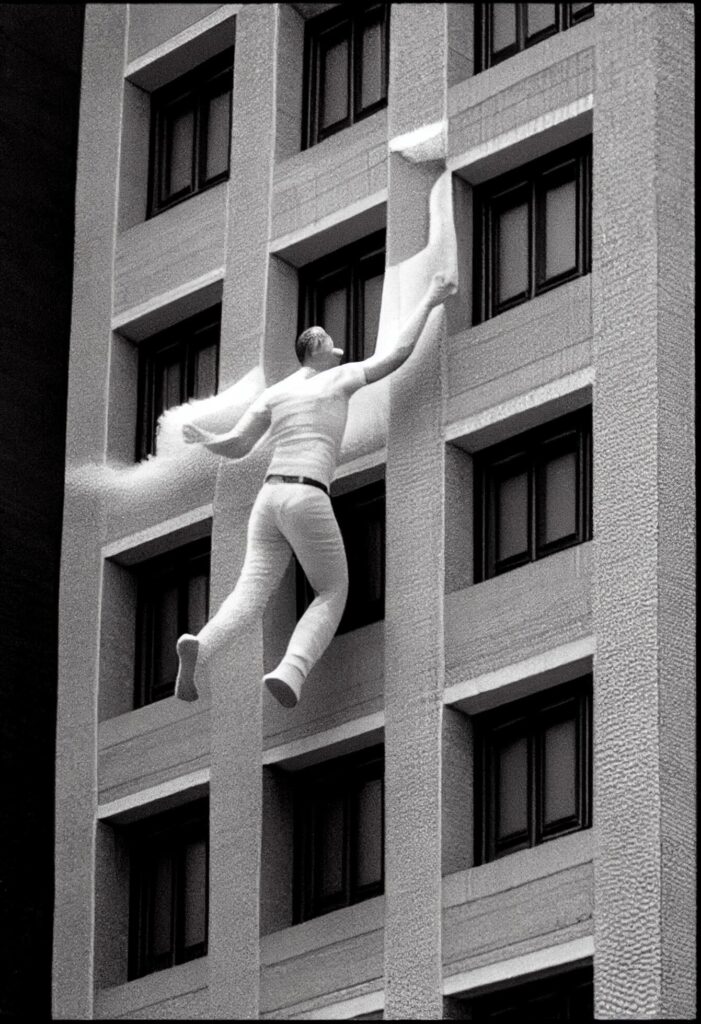 man hanging from the side of a tall building. . Stock Free