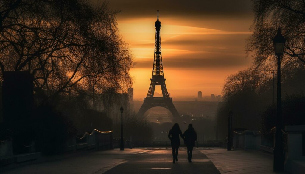 Silhouette of tourists walking across illuminated bridge generated by AI Stock Free