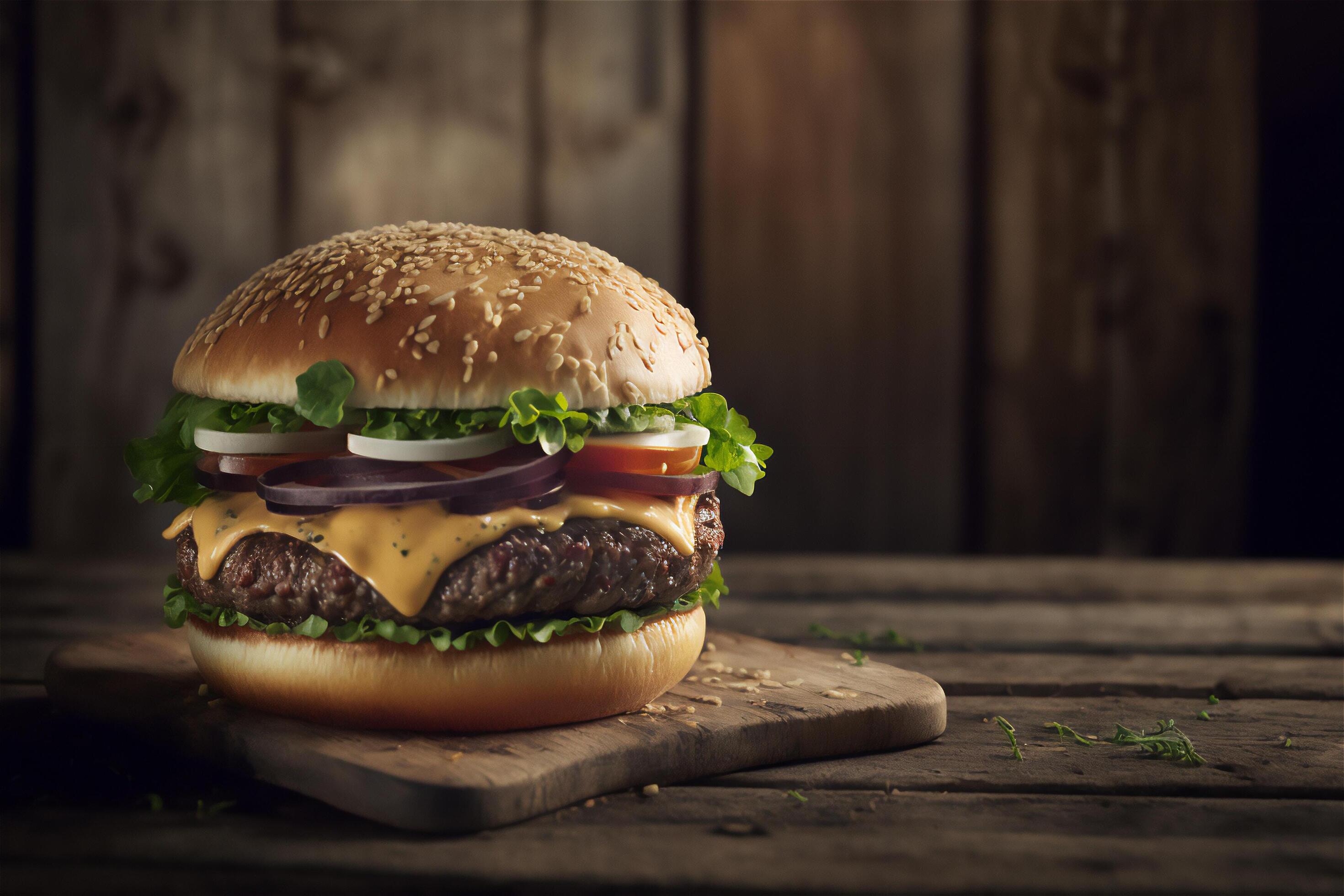 Tasty homemade hamburger on rustic wooden table. Copy space. Advertising. . Fast food snack Stock Free