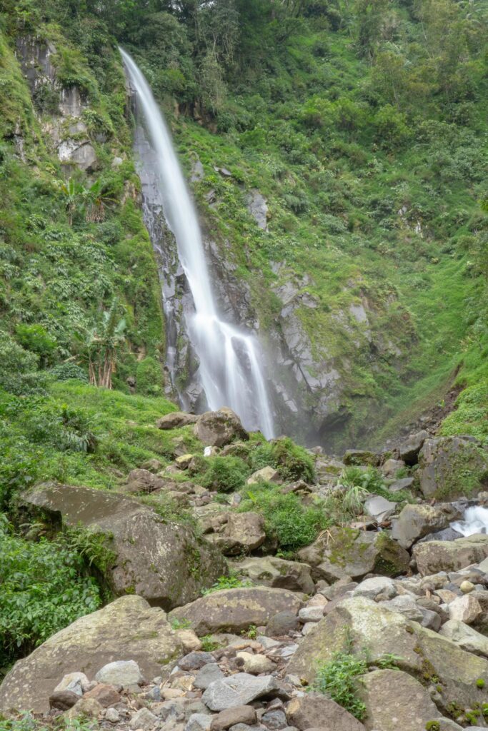 Scenery of single water fall on the tropical forest. The photo is suitable to use for adventure content media, nature poster and forest background. Stock Free