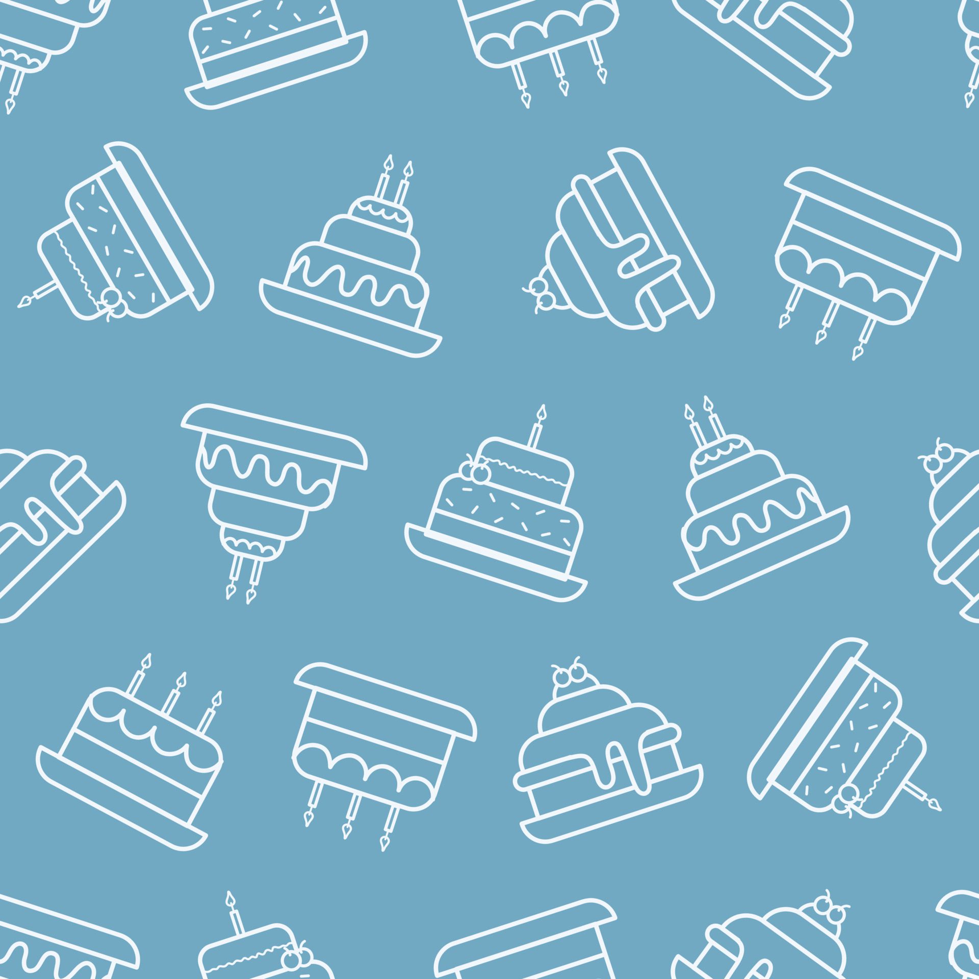 Cake outline icon on blue background Candy background with seamless pattern for print, decorative, party wallpaper. Free Vector