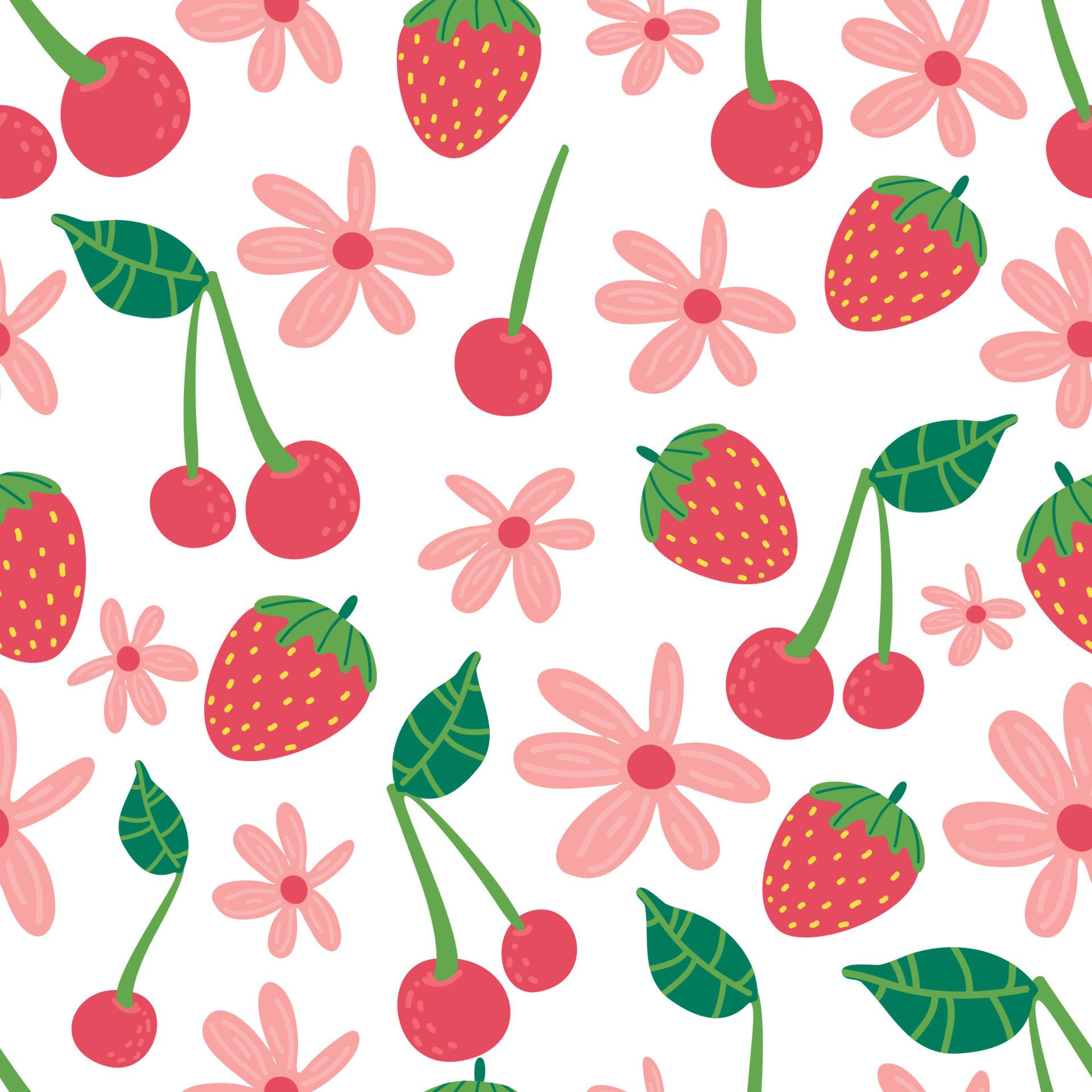 Strawberry flowers cherry seamless vector pattern. Repeating background with summer fruit. Use for fabric, gift wrap, packaging. Free Vector