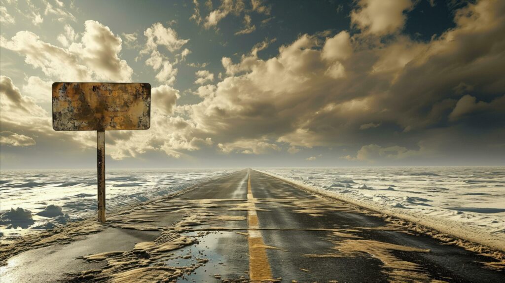 A sign on an isolated road with clouds over it. Free Photo