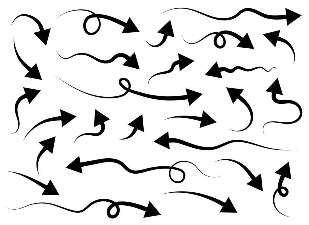 Hand drawn black curved arrow shape in doodle style. Arrow line set Stock Free