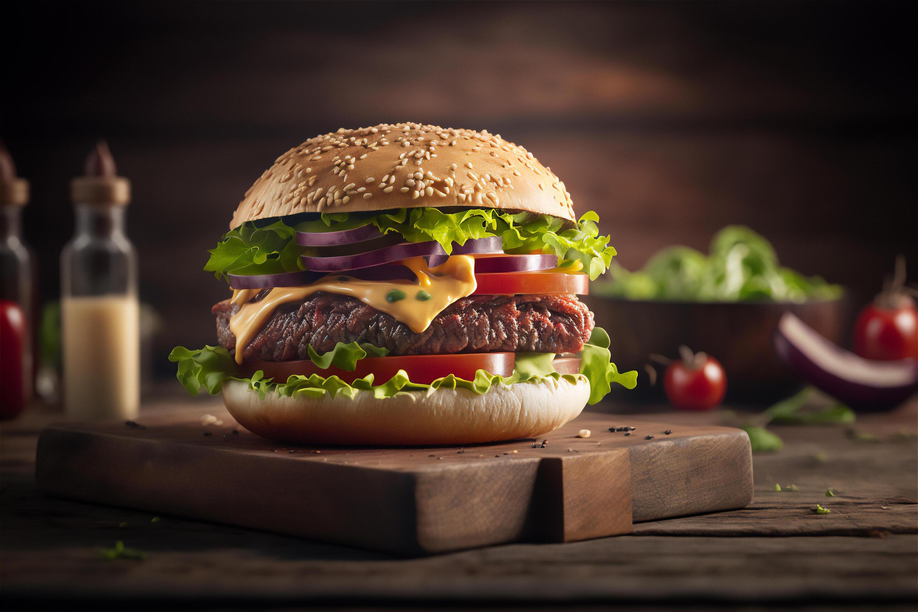 Tasty homemade hamburger on rustic wooden table. Copy space. Advertising. . Fast food snack Stock Free