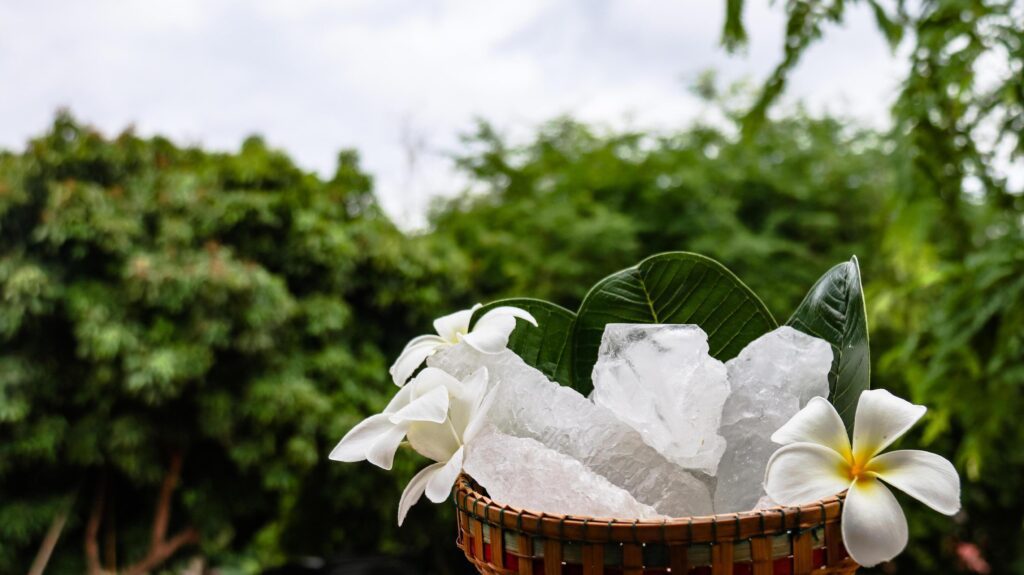 A basket filled with white alum crystals sits on a vibrant green shrub background. Stock Free