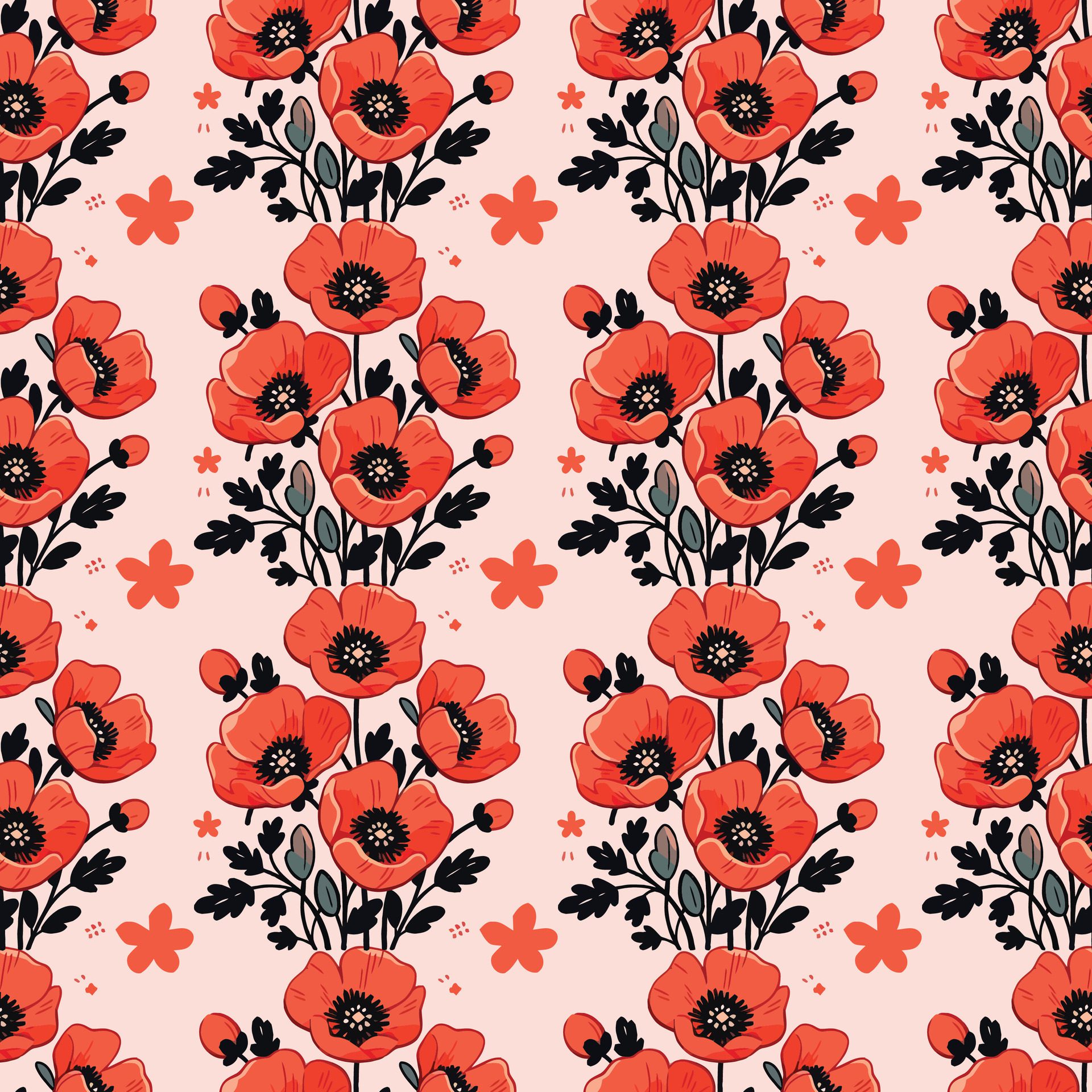 Red flowers with leaves Seamless Pattern Design Free Vector