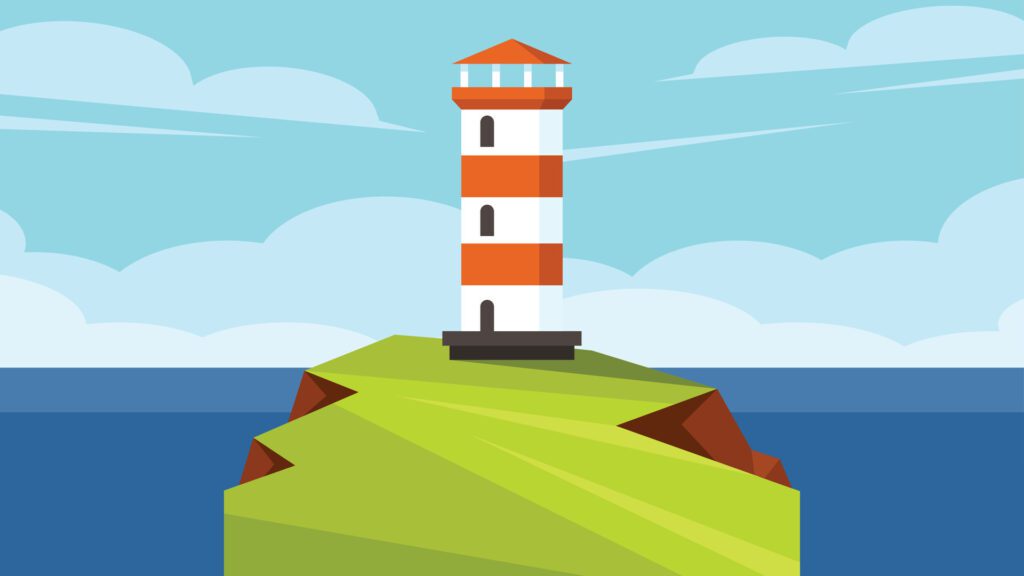 lighthouse on a cliff above sea level and ocean on the background flat design Free Vector