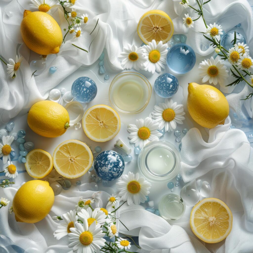 Fresh Lemons, Blue Marbles, and Daisies on a White Fabric Background Stock Free