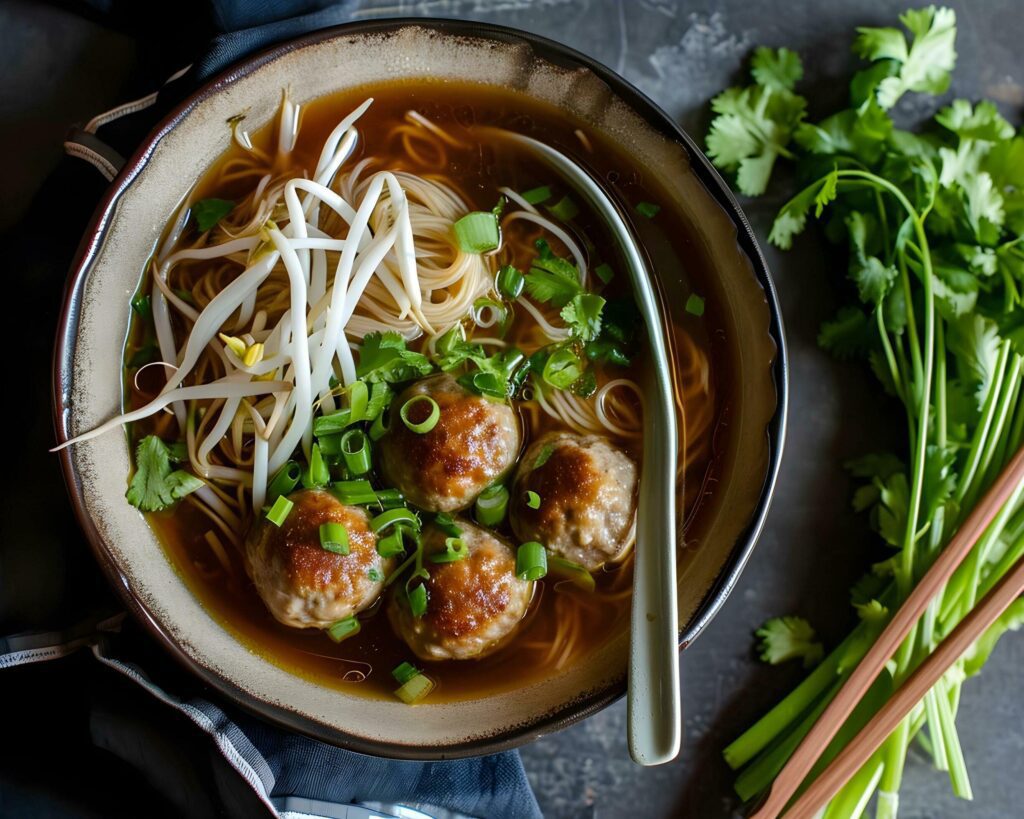 Vietnamese noodle soup with meatballs and coriander Free Photo