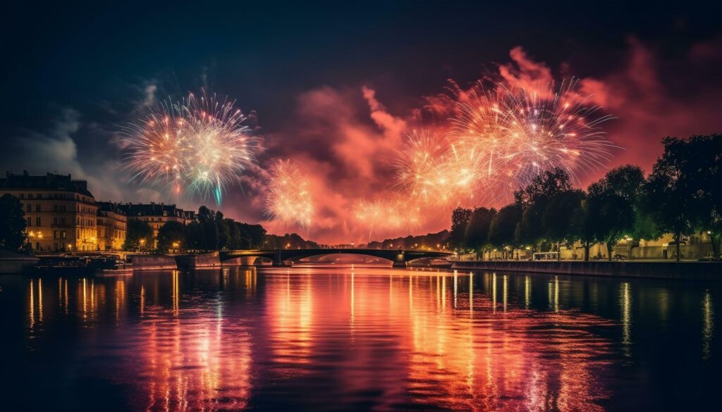 Fourth of July celebration, fireworks exploding bright generated by AI Stock Free