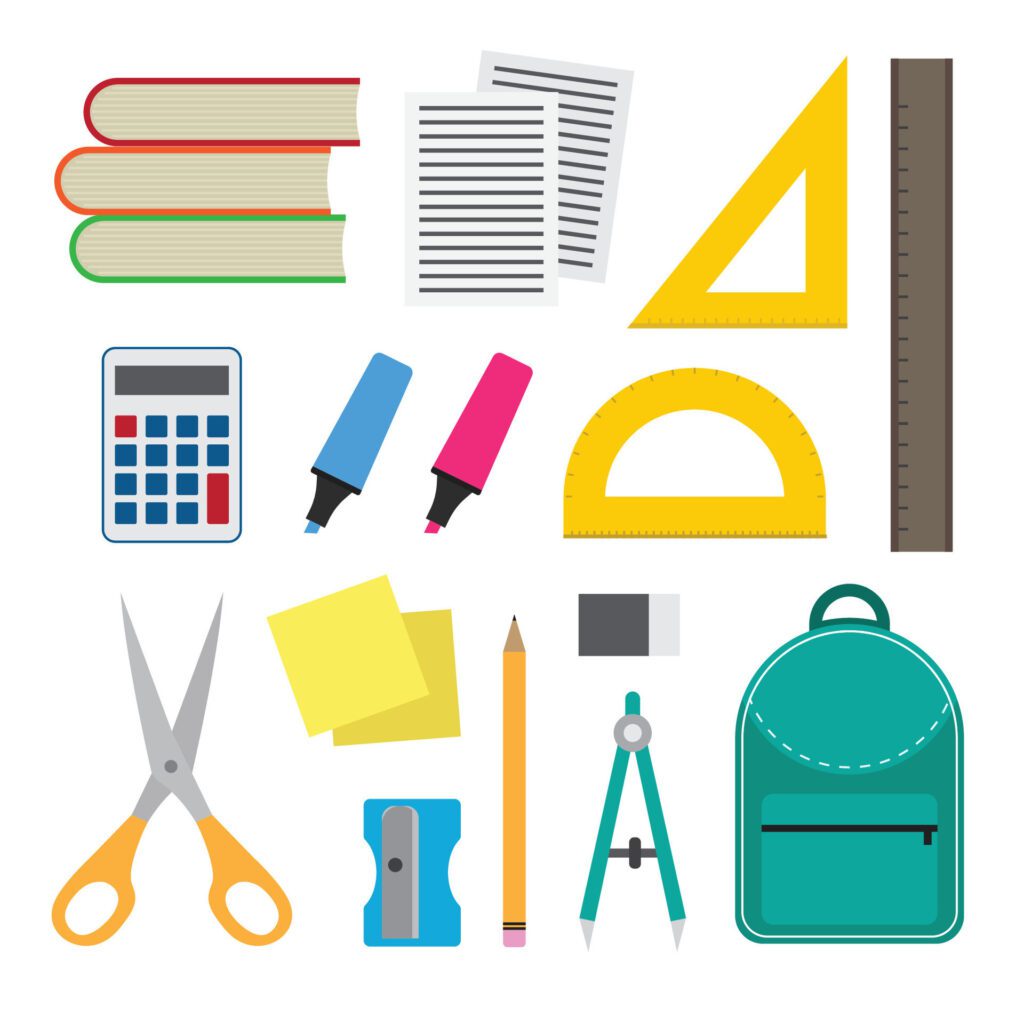 school supplies and stationery items on a white background Free Vector