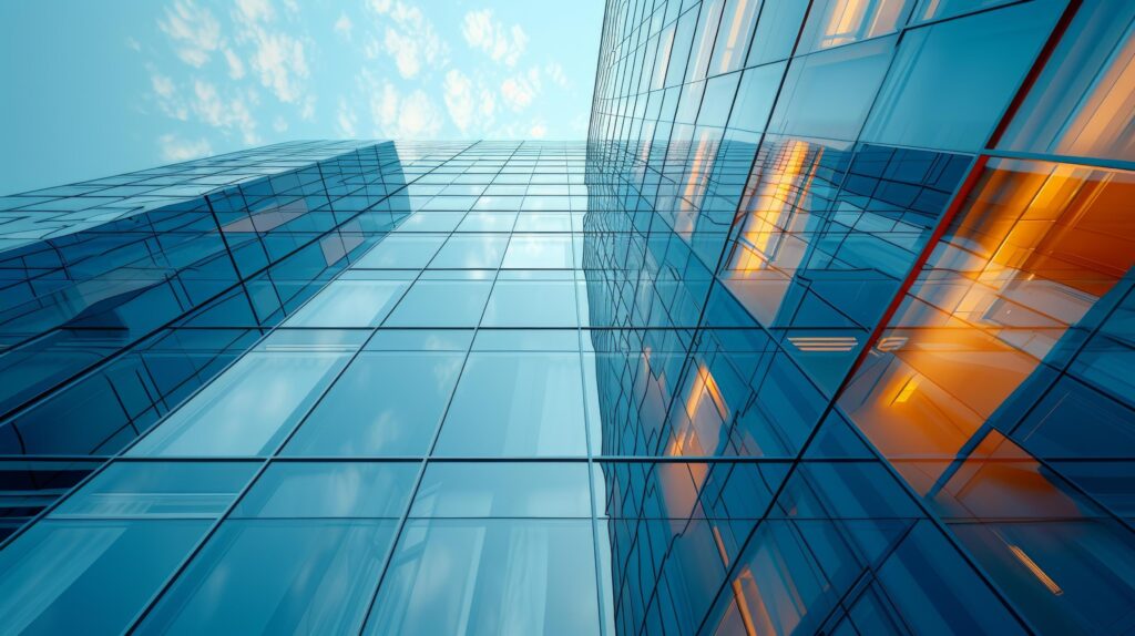 AI generated Urban architecture captured in abstract reflections on glass facades, a play of light and shadows Stock Free