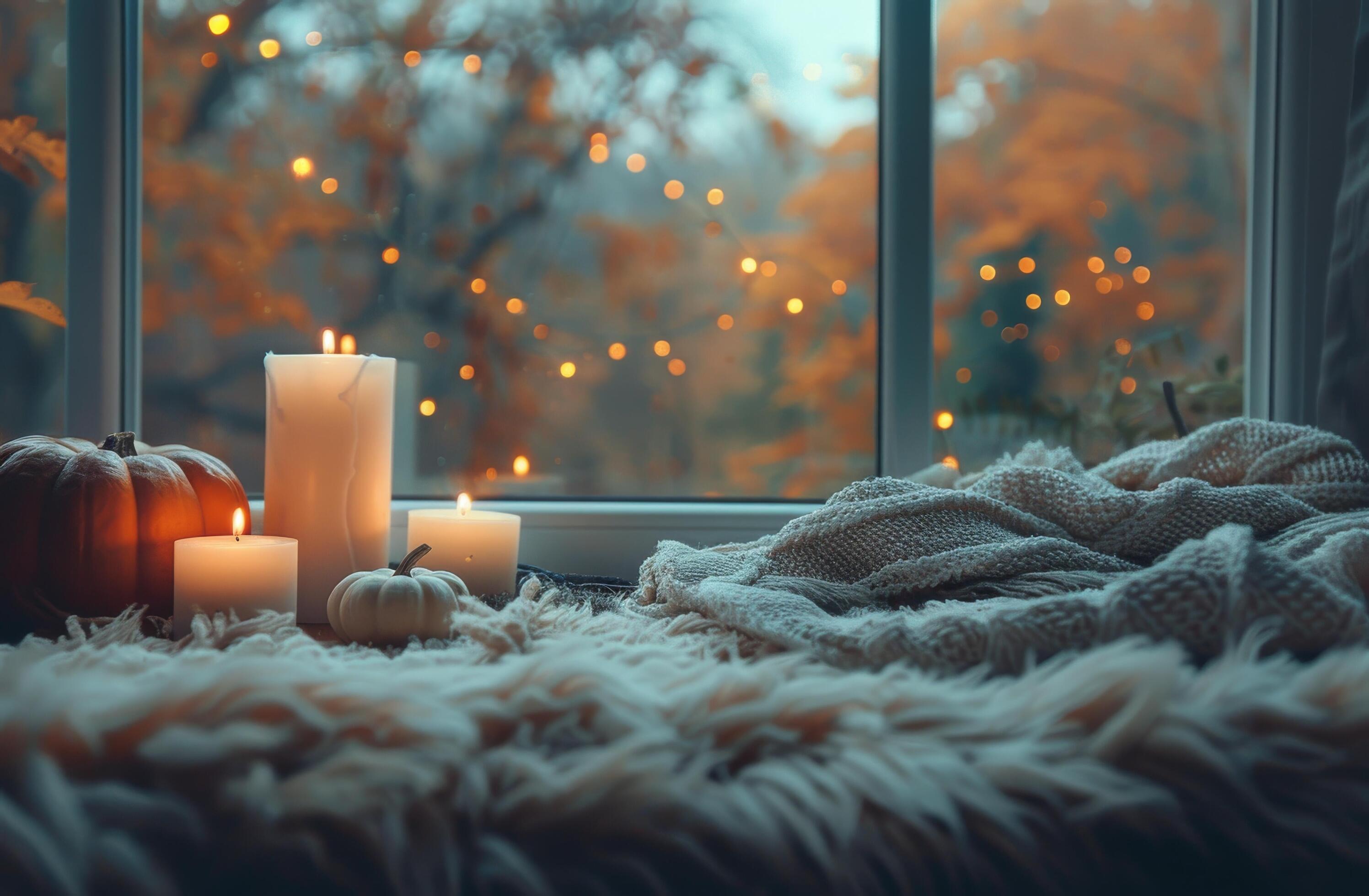 Cozy Autumn Window Seat With Candles and Pumpkin Stock Free