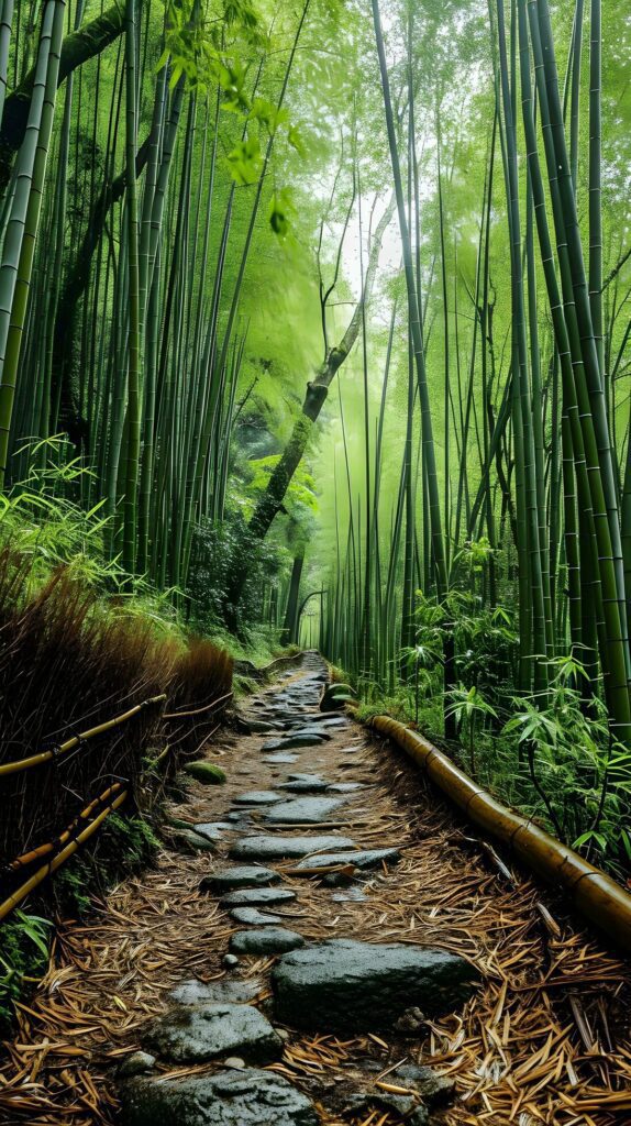 Ancient Stone Path in Enchanting Bamboo Forest Free Photo