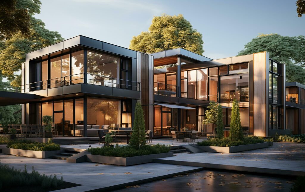 unique industrial architecture house in daylight, photo-realistic AI generative Stock Free